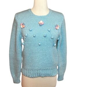 Vintage 70-80s Knitted Acrylic Sweater made in Korea, knotted 3-D flowers, sz MD